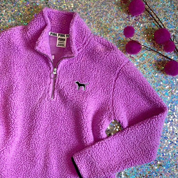 🪽[ VS PINK ] Sherpa Embroidered Logo Quarter Zip - Picture 1 of 17